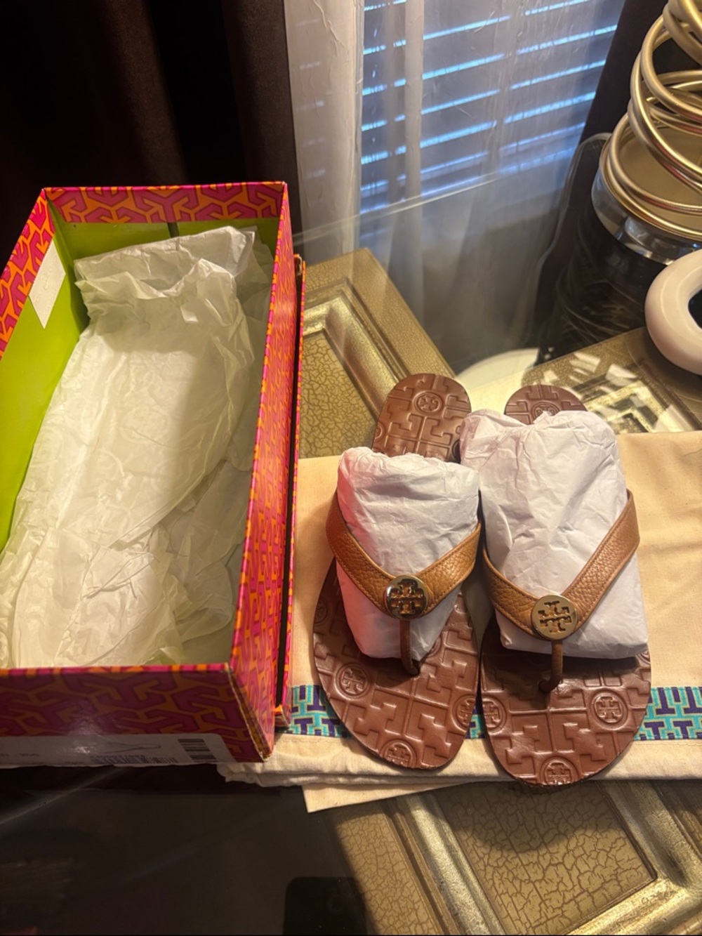 Tory Burch Tan Leather Logo Thong Sandals with Gold Medallion